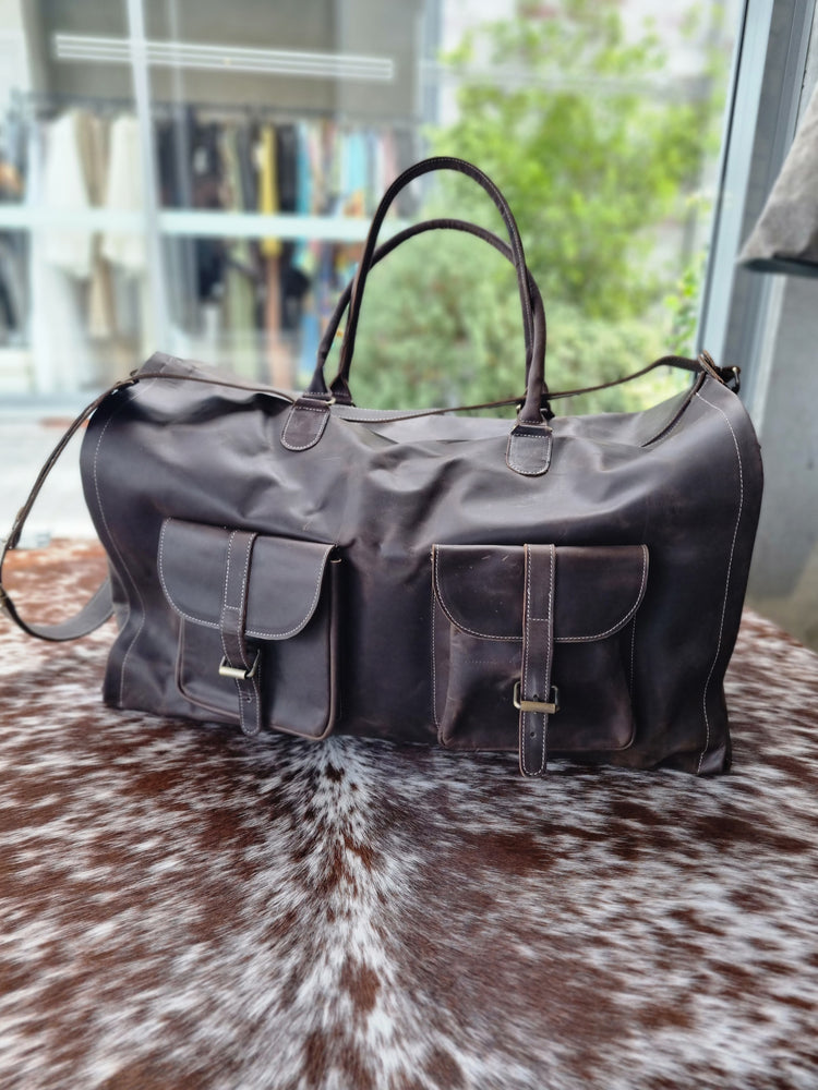 Leather Garment Duffel Bags in Design Dark Brown Rubbed