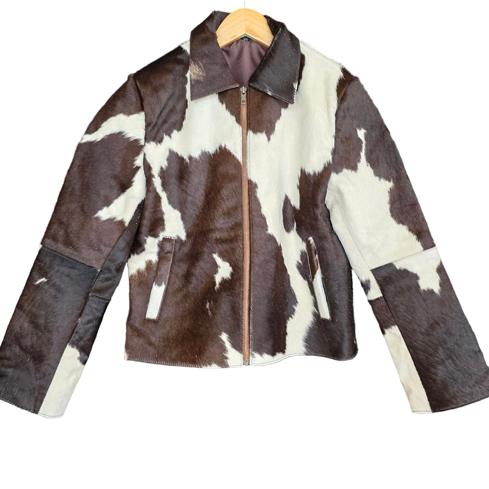 Extra Small size - Cowhide Jacket Chocolate Dark Brown + White