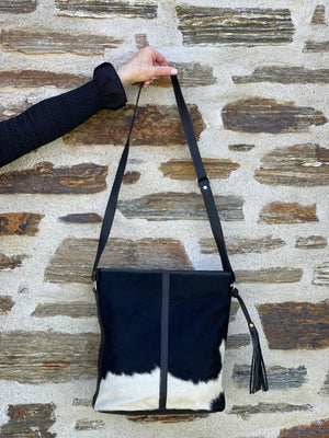 Cowhide Cross Body Handbag Black + White bold