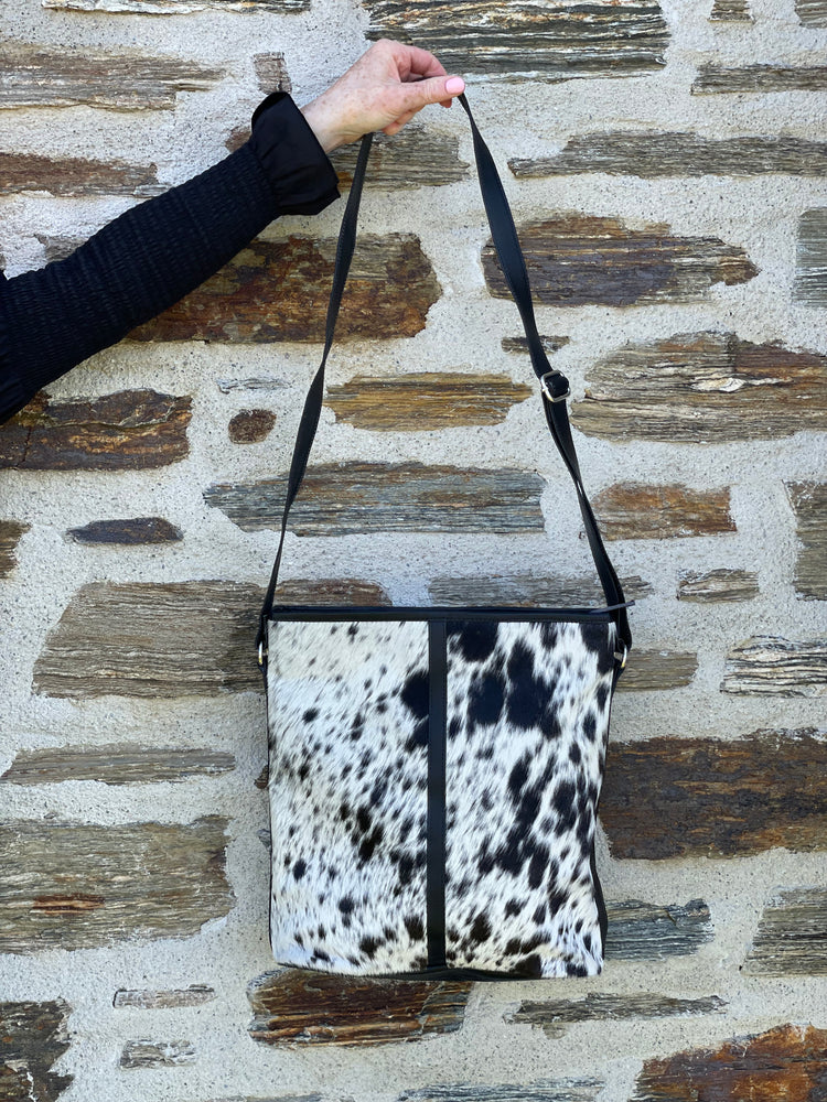 Cowhide Cross Body Handbag Black + White salt & pepper