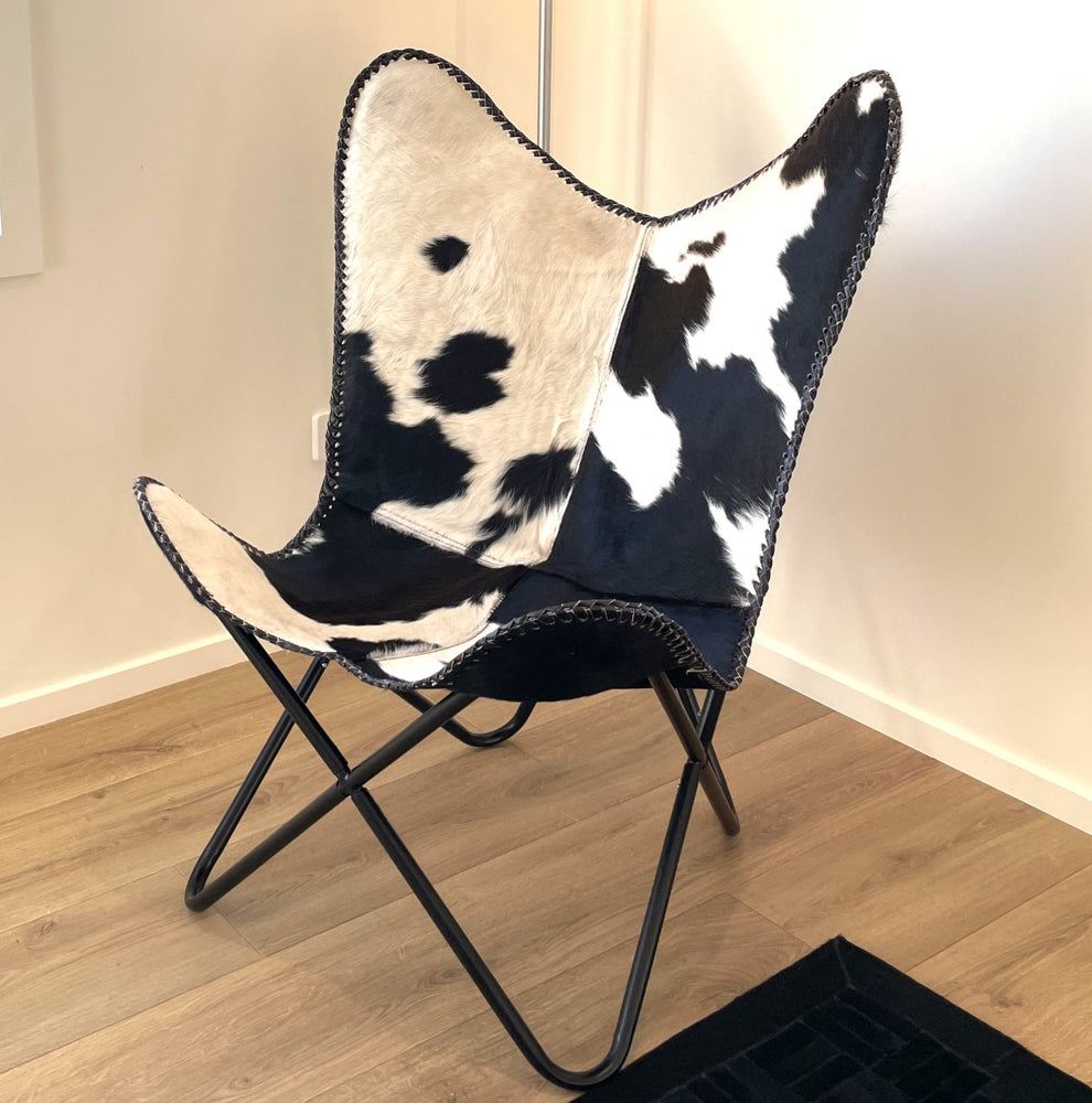 Butterfly Chair - Black + White Cowhide with black frame