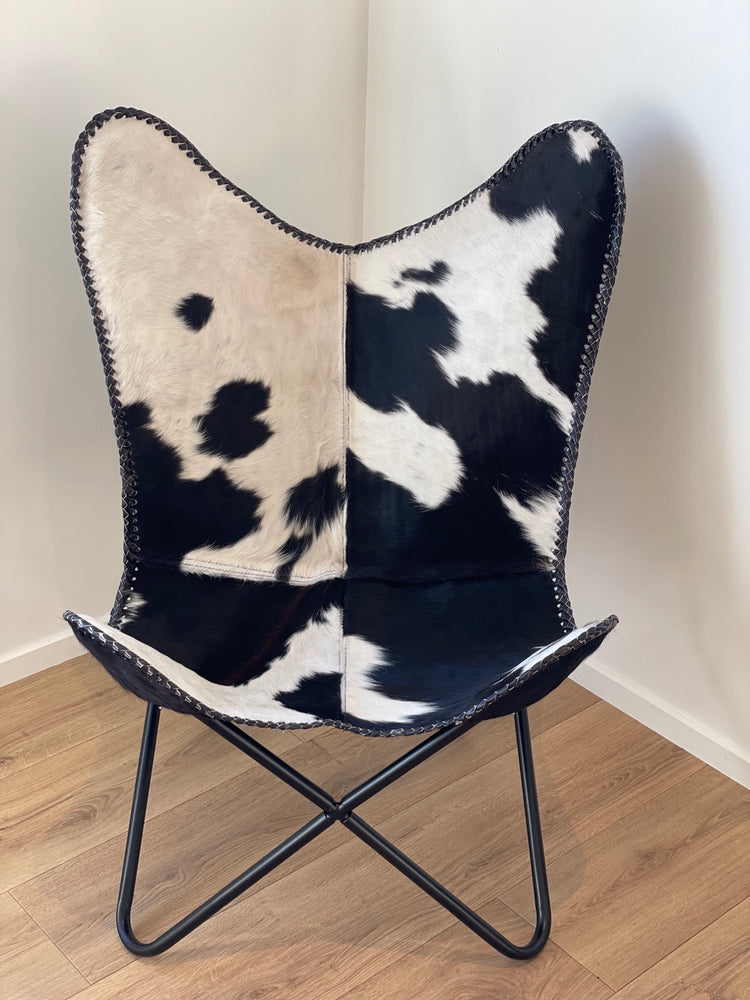 Butterfly Chair - Black + White Cowhide with black frame