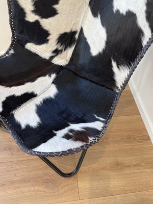 Butterfly Chair - Black + White Cowhide with black frame