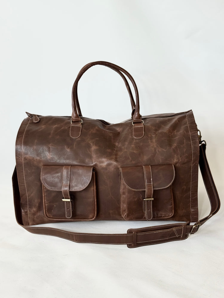 Leather Garment Duffel Bag in Design Mid Brown Rubbed