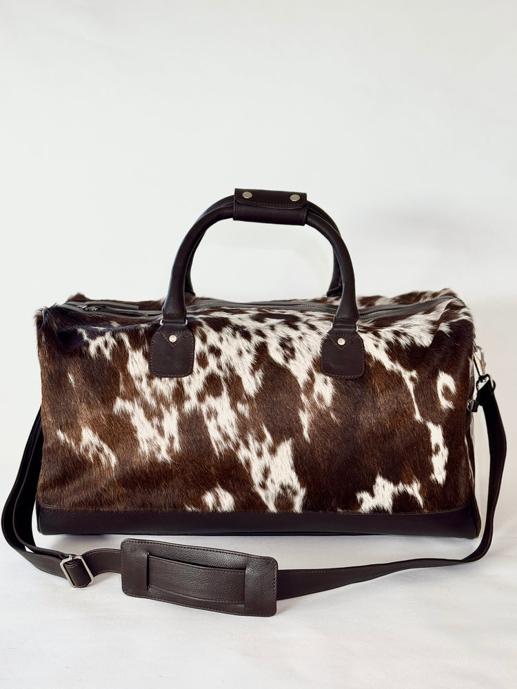 Cowhide Overnight Bag - Dark Brown + White Salt & Pepper