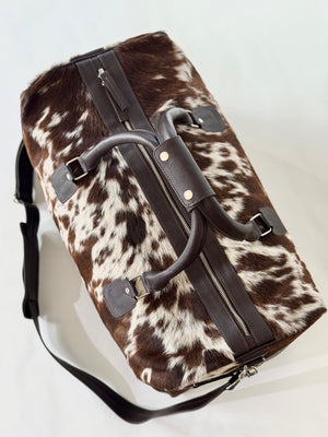 Cowhide Overnight Bag - Dark Brown + White Salt & Pepper