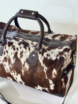 Cowhide Overnight Bag - Dark Brown + White Salt & Pepper