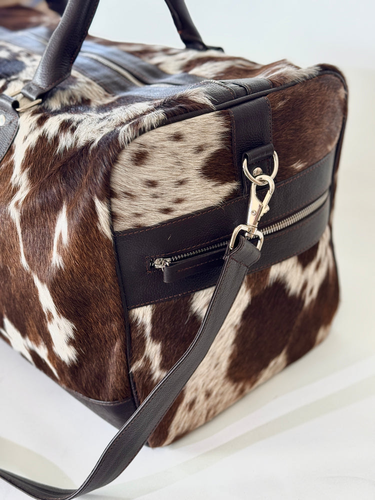 Cowhide Overnight Bag - Dark Brown + White Salt & Pepper