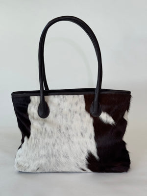 Coastal Cowhides Tote Bag - brown and white bold markings
