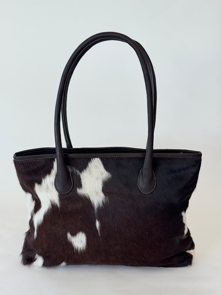 Coastal Cowhides Tote Bag - brown and white bold markings