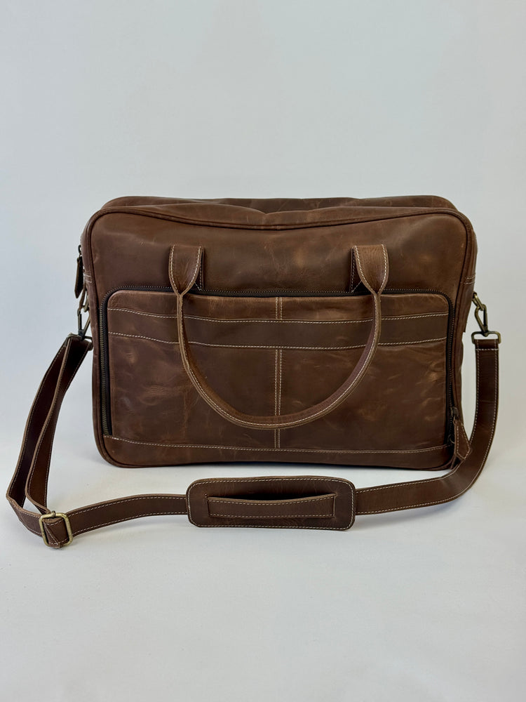 Satchel Laptop Bag - Mid Brown Rubbed Leather