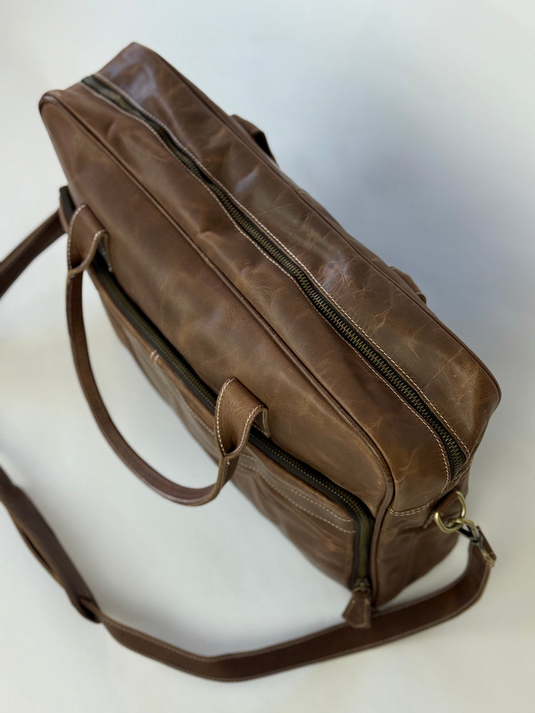 Satchel Laptop Bag - Mid Brown Rubbed Leather