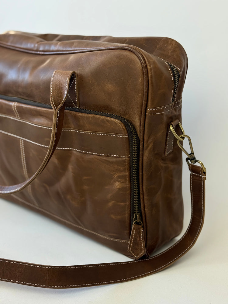 Satchel Laptop Bag - Mid Brown Rubbed Leather