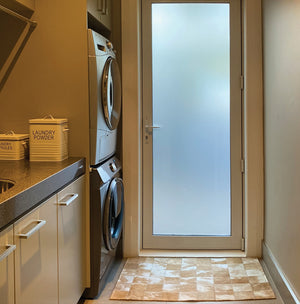 Indoor Patchwork Cowhide Doormat Rug – Soft Tan + White