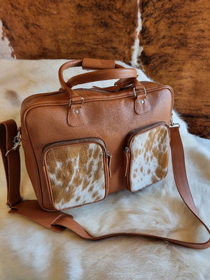 Laptop Bag - tan and white cowhide