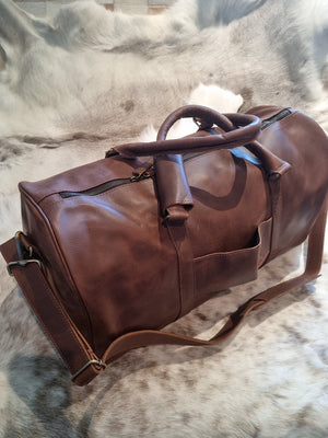 Distressed Brown Leather Overnight Bag -  silver componentry *