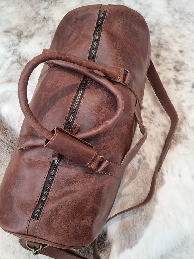 Distressed Brown Leather Overnight Bag -  silver componentry *