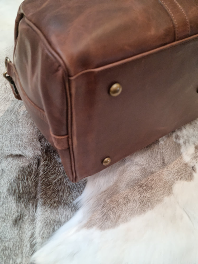 Distressed Brown Leather Weekend Bag -  silver componentry *