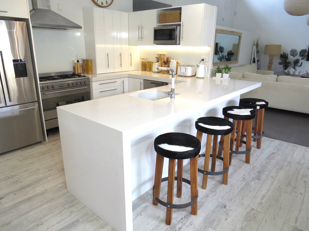 Cowhide Round Top Kitchen Stool Black + White Coastal Cowhides