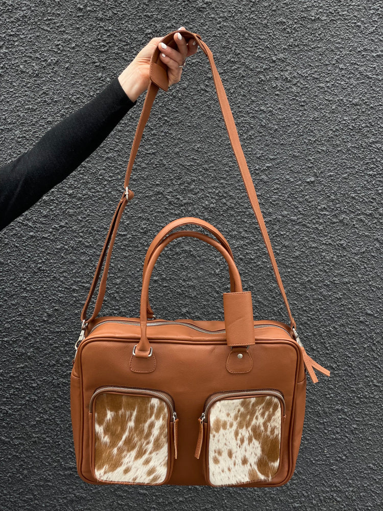 Laptop Bag - tan and white cowhide